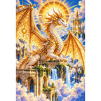 Golden Celestial Dragon Sun Temple — finished diamond painting on a white background