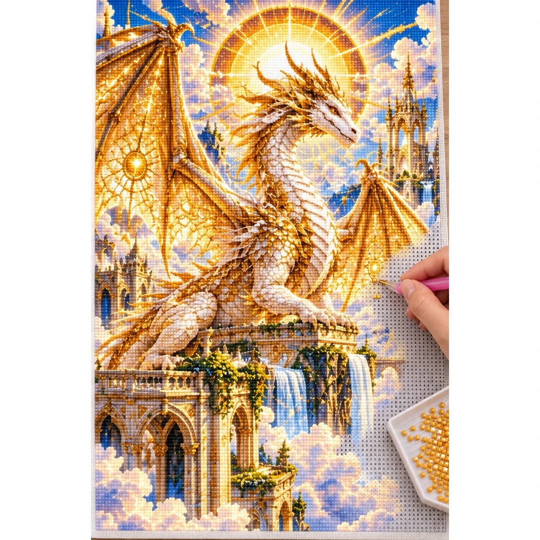 Golden Celestial Dragon Sun Temple — diamond painting process with applicator pen