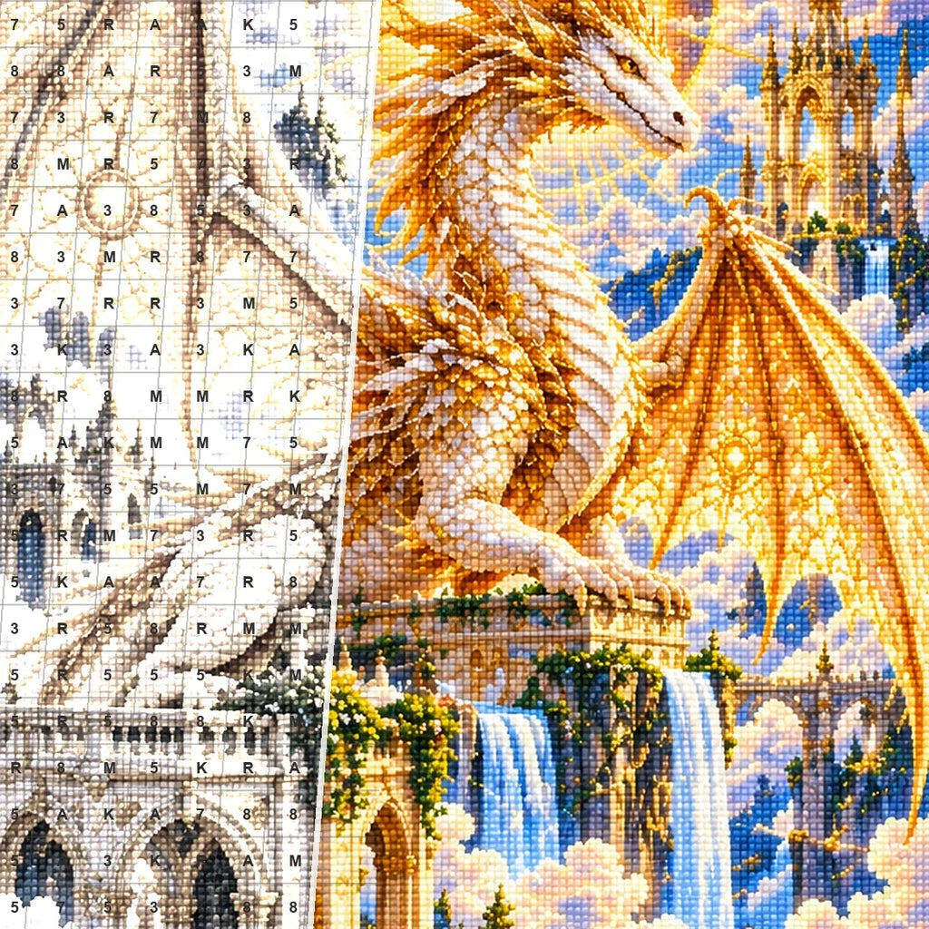 Golden Celestial Dragon Sun Temple — close-up canvas and resin drill detail