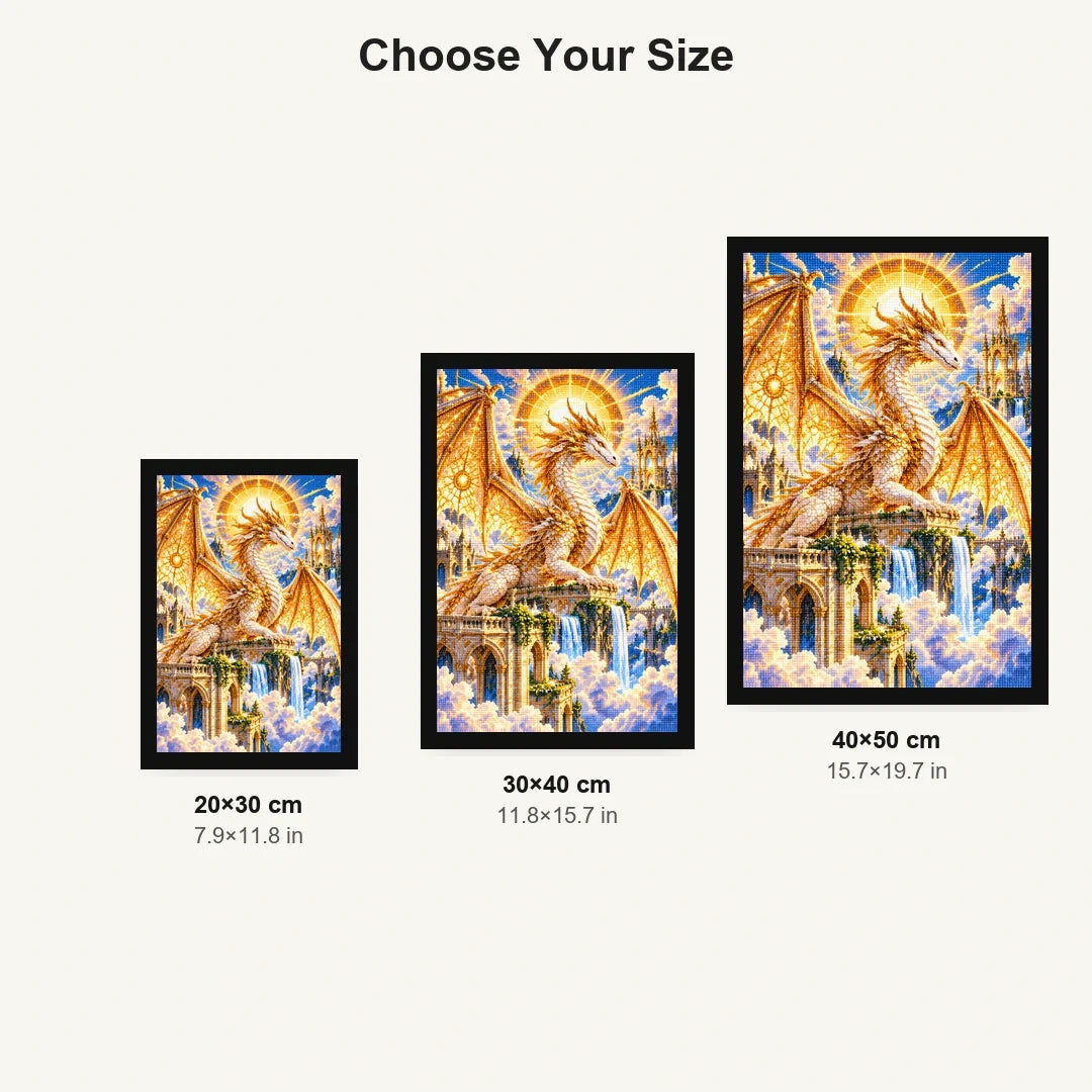 Golden Celestial Dragon Sun Temple — size comparison for 20 × 30, 30 × 40 and 40 × 50 cm