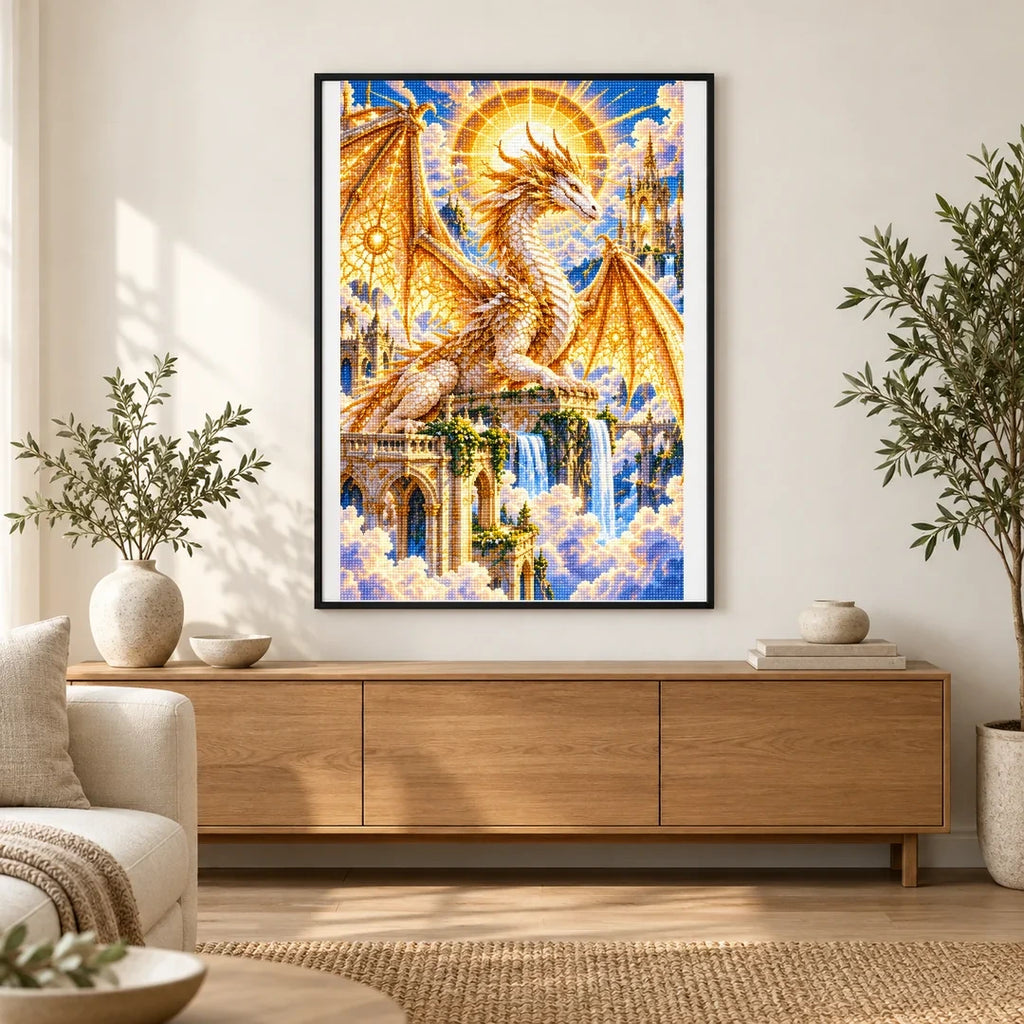 Golden Celestial Dragon Sun Temple — finished diamond painting displayed in a home interior