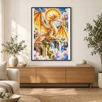 Golden Celestial Dragon Sun Temple — finished diamond painting displayed in a home interior