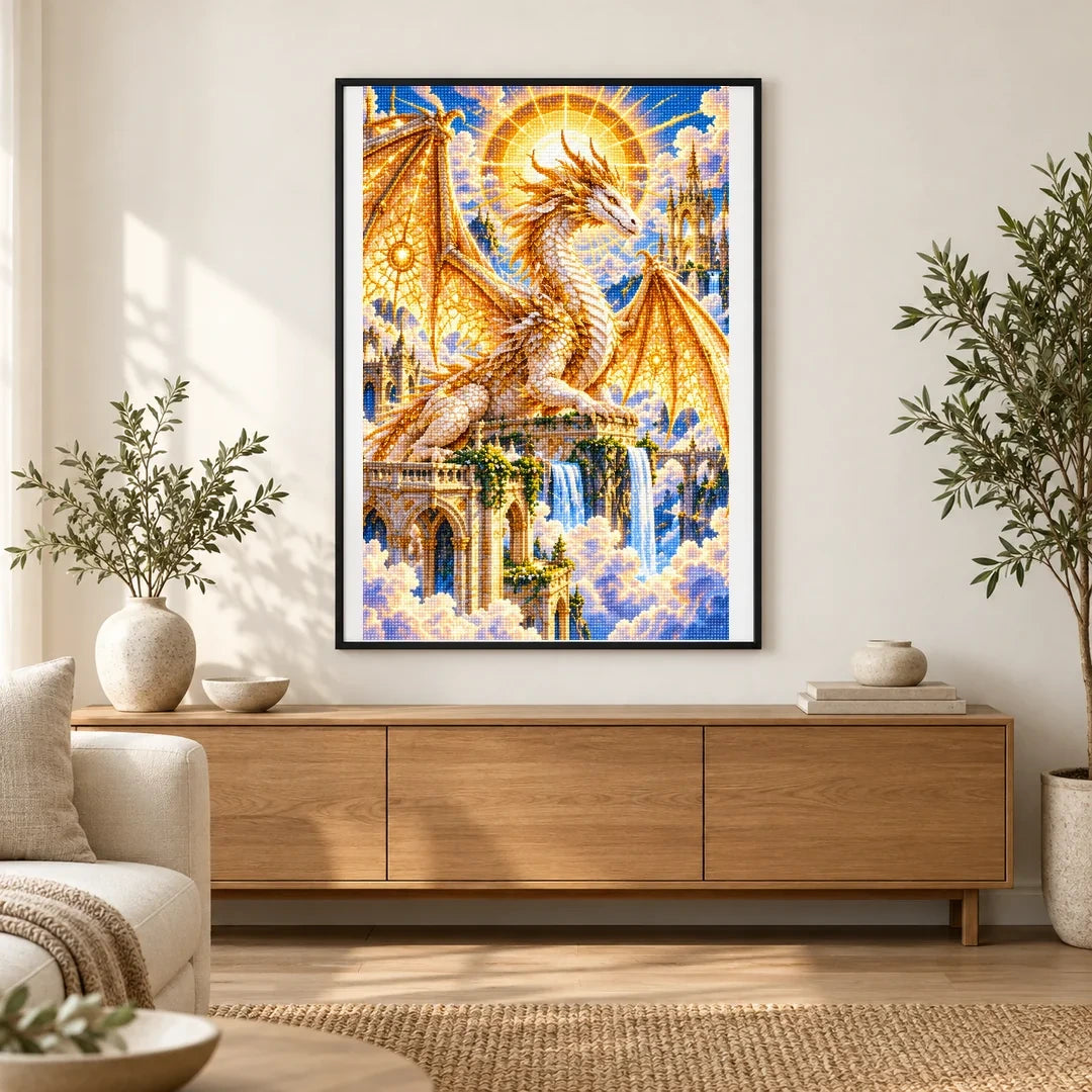 Golden Celestial Dragon Sun Temple — finished diamond painting displayed in a home interior