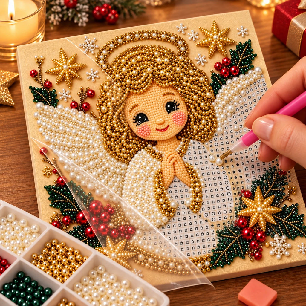 Golden Christmas Angel Pearl Diamond Painting Kit process image