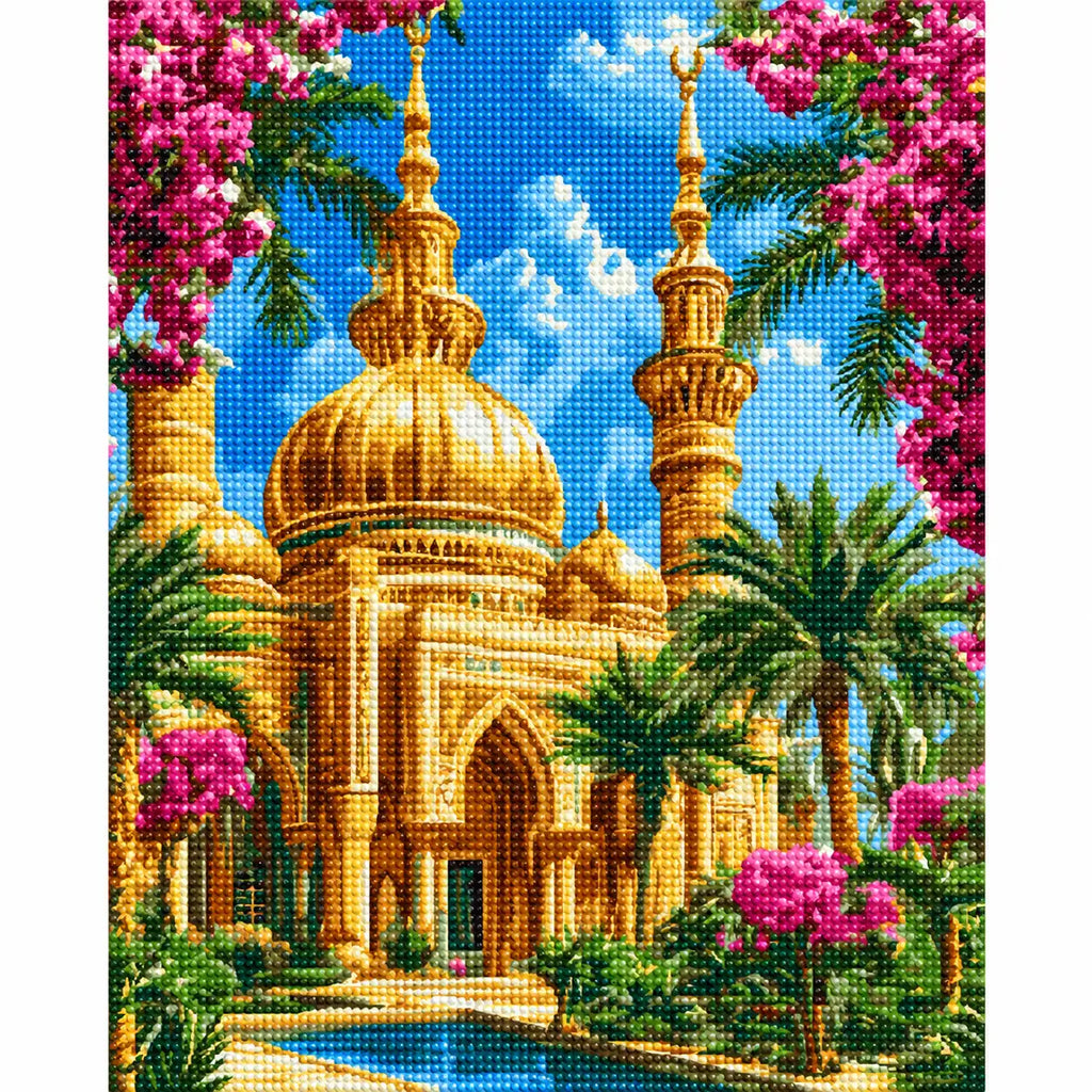 White-background finished diamond painting of Golden Dome Oasis