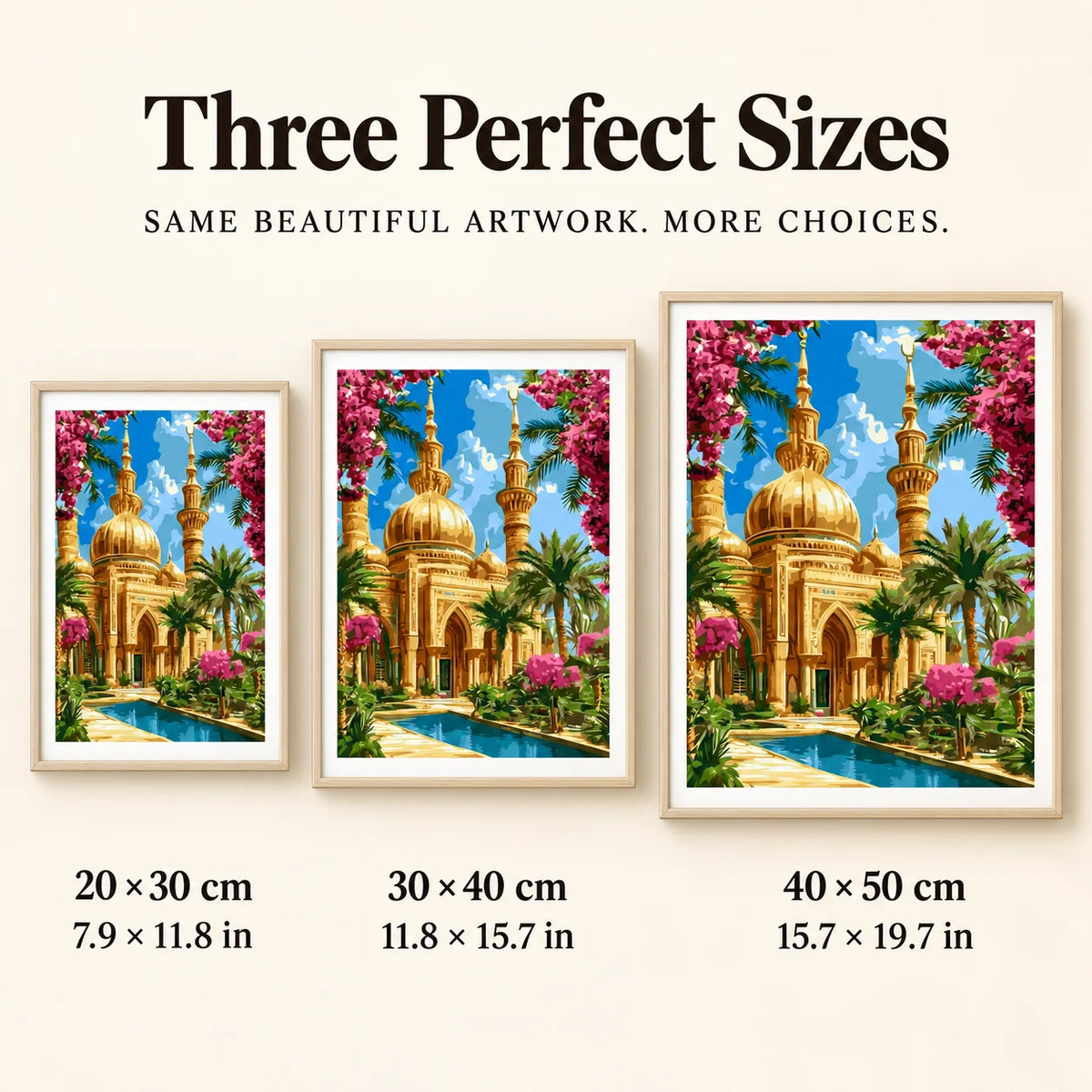 Three canvas sizes for Golden Dome Oasis