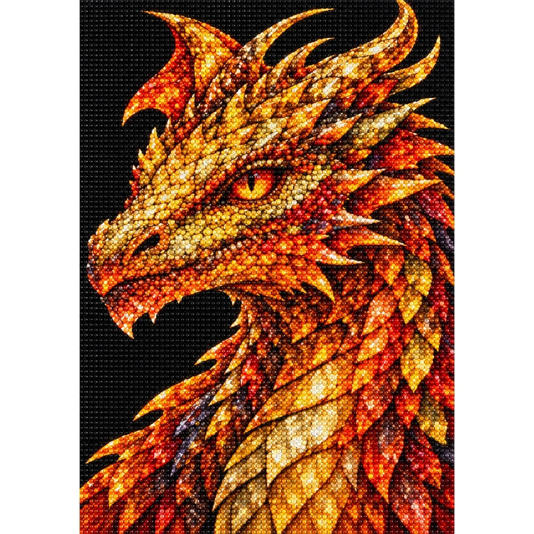 Golden Fire Mosaic Dragon finished diamond painting on white background