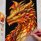 Golden Fire Mosaic Dragon diamond painting process with pen and tray