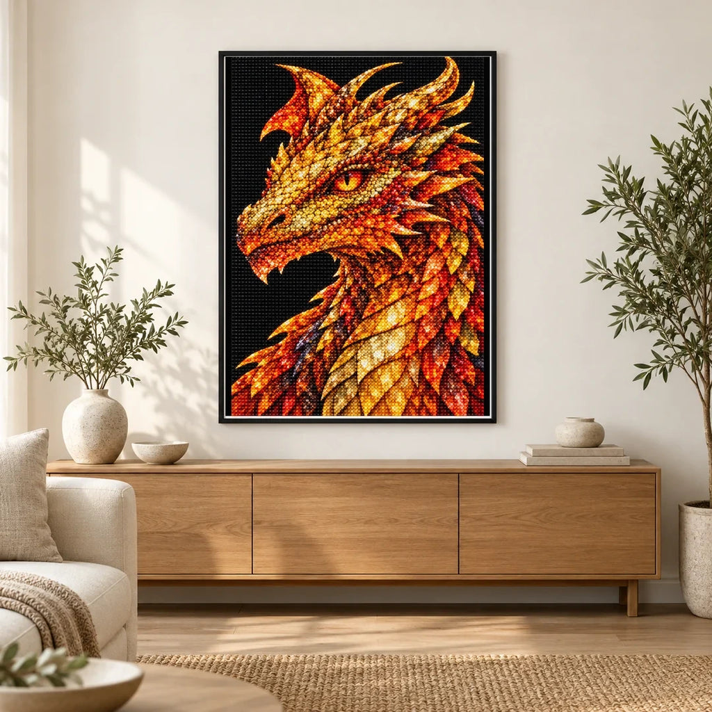 Golden Fire Mosaic Dragon finished diamond painting in a home interior