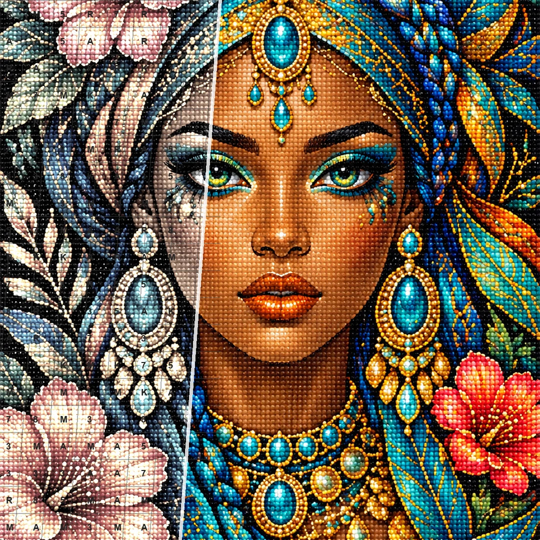 Golden Floral Queen Diamond Painting Kit — Diamond and canvas detail