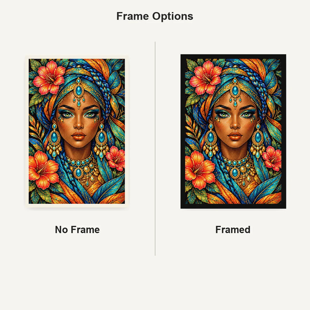 Golden Floral Queen Diamond Painting Kit — No Frame and Framed comparison