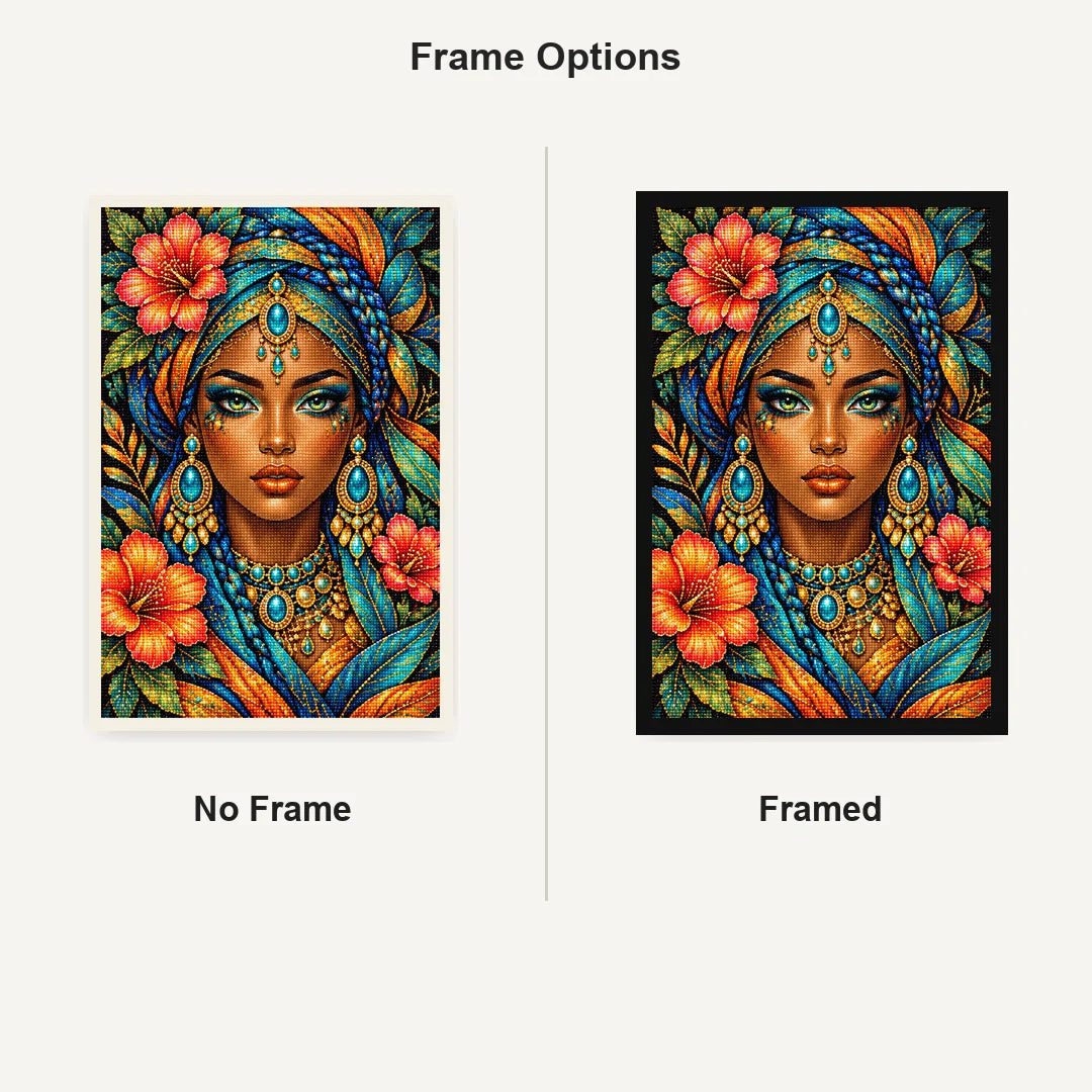 Golden Floral Queen Diamond Painting Kit — No Frame and Framed comparison