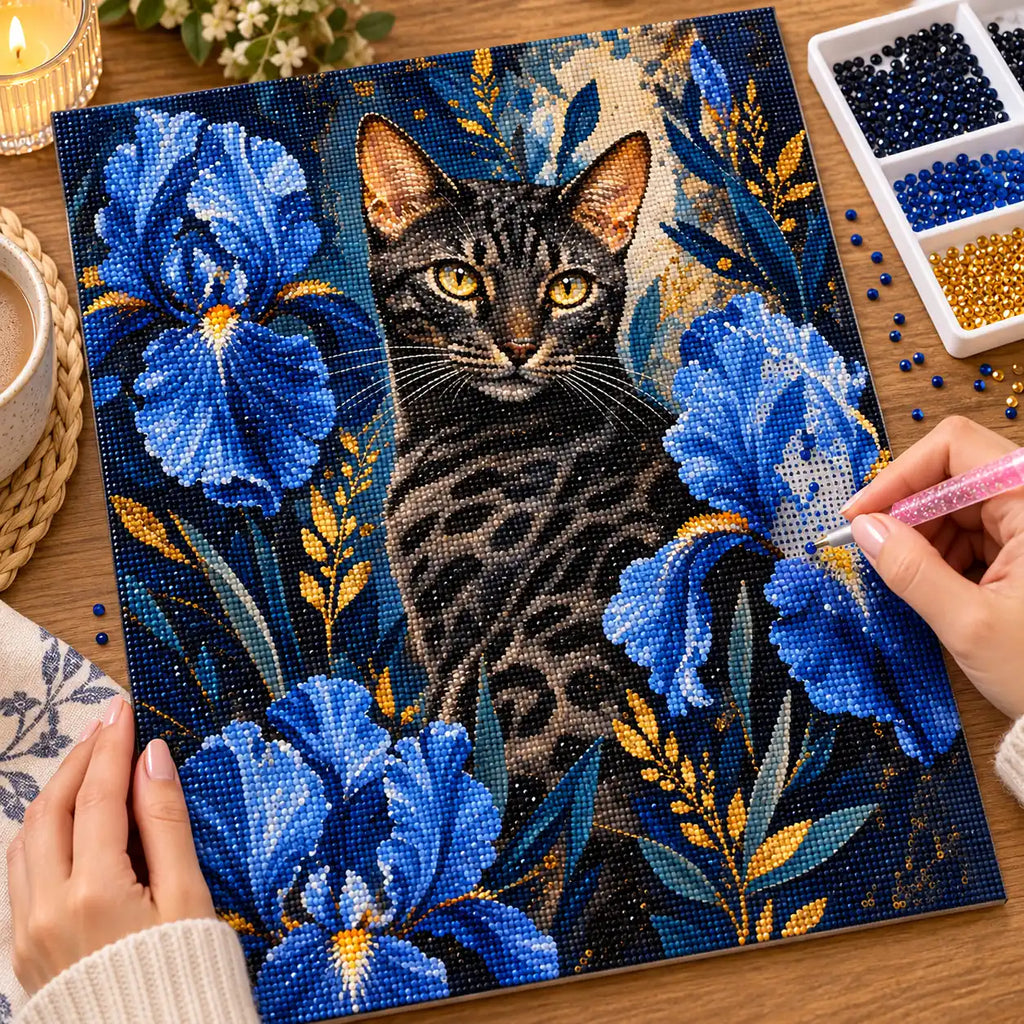 Diamond painting process for Golden Gaze In Blue Garden Diamond Painting Kit