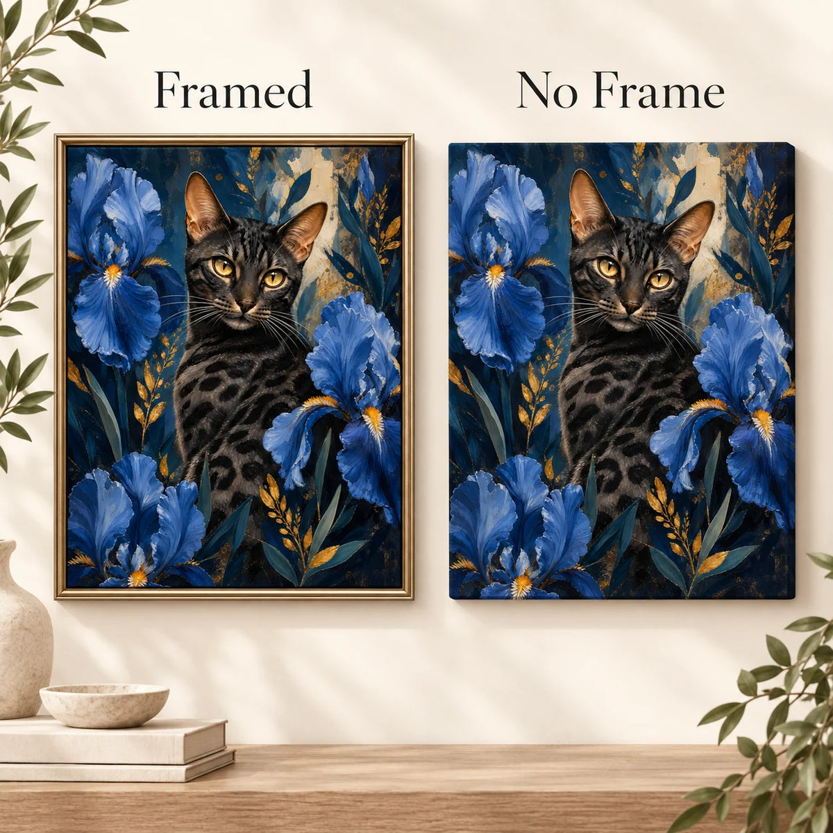 Framed and no-frame comparison for Golden Gaze In Blue Garden Diamond Painting Kit