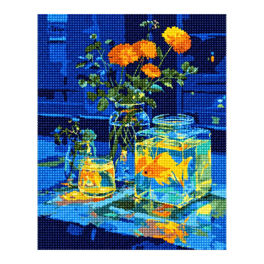 Finished diamond painting of golden glow on blue.