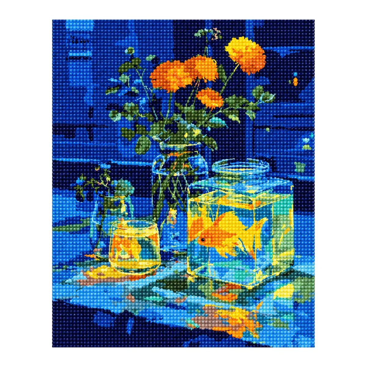 Finished diamond painting of golden glow on blue.