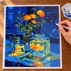 Diamond painting process for golden glow on blue.