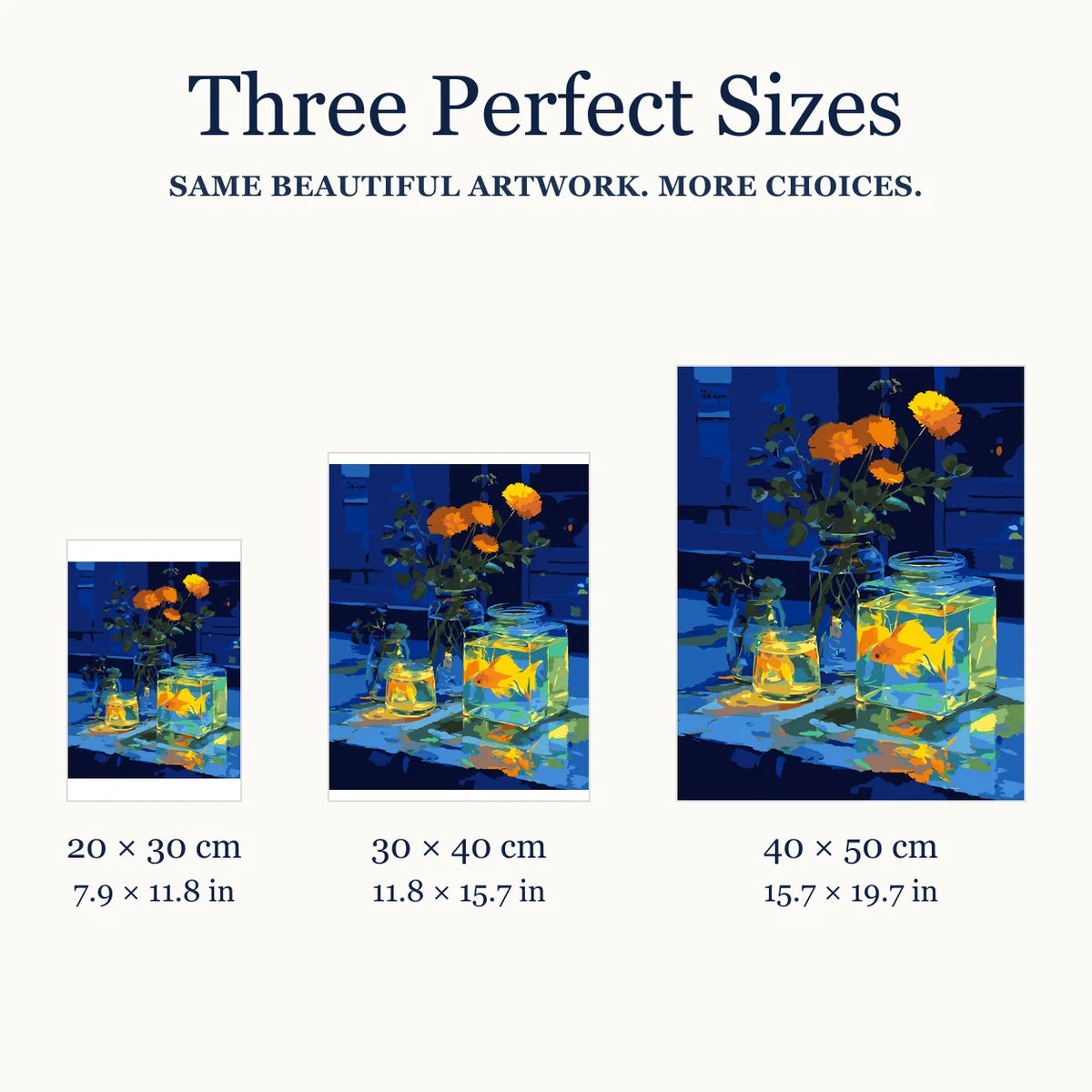 Size guide for Golden Glow on Blue Diamond Painting Kit: 20 × 30 cm, 30 × 40 cm, and 40 × 50 cm.