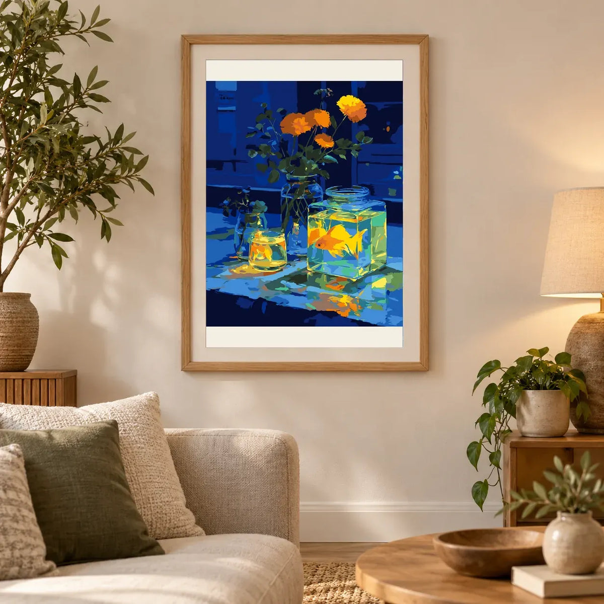 Home decor scene showing golden glow on blue displayed on a wall.