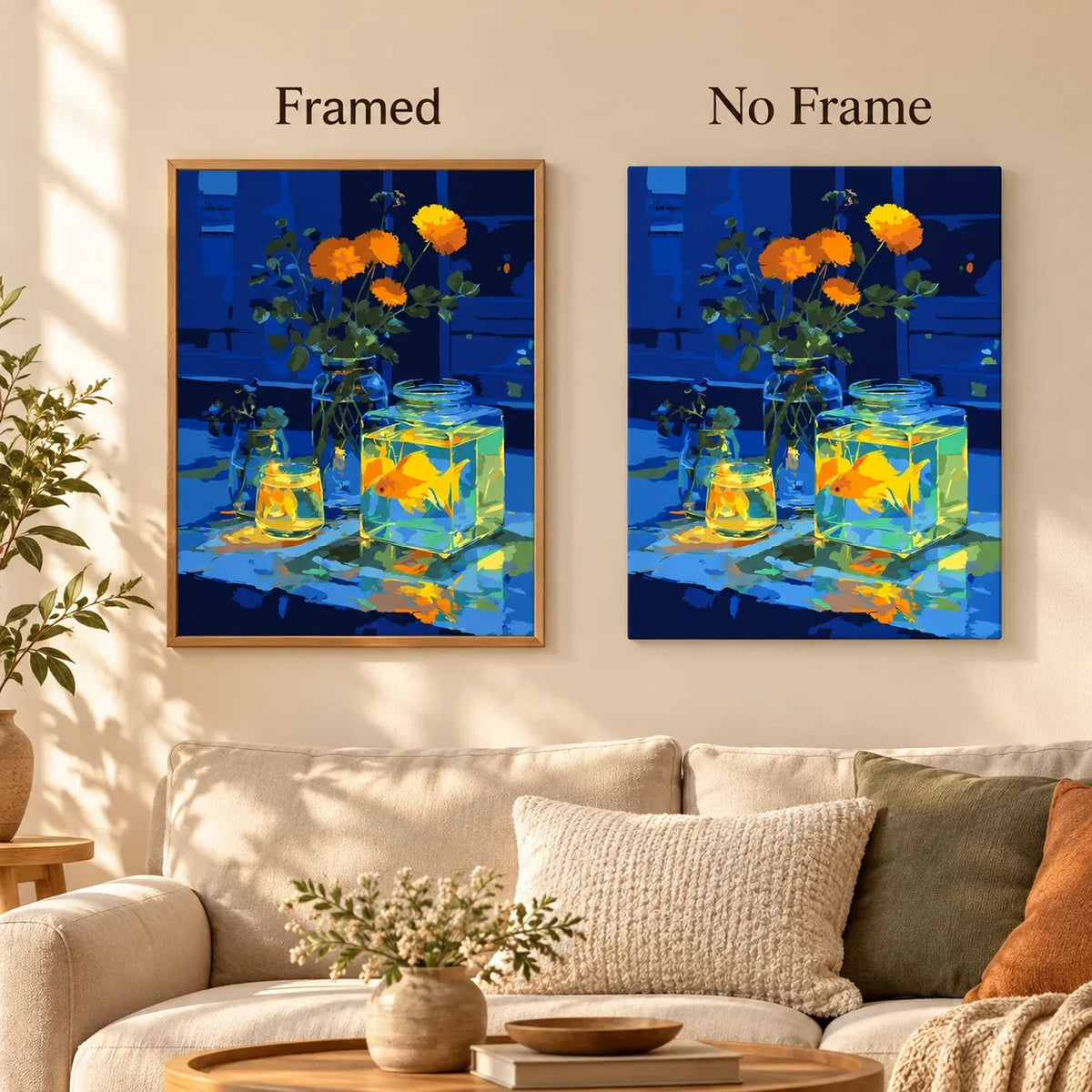 Framed and no-frame comparison for Golden Glow on Blue Diamond Painting Kit.