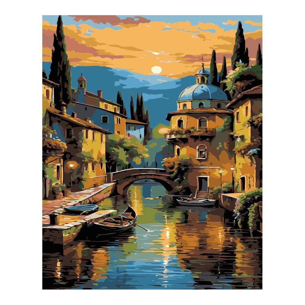 Original artwork for Golden Hour by the Canal Diamond Painting Kit, showing boats and old-town buildings reflected in a golden canal at sunset.
