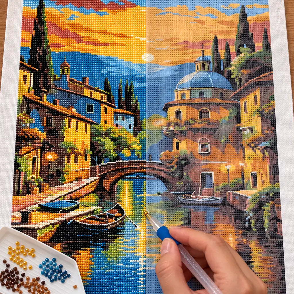 Diamond painting process for Golden Hour by the Canal, showing drills being placed over boats and old-town buildings reflected in a golden canal at sunset.