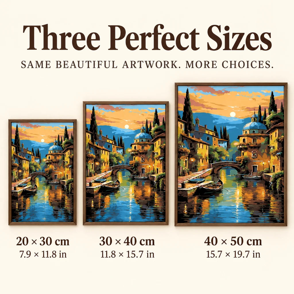 Size guide for Golden Hour by the Canal: 20 × 30 cm, 30 × 40 cm, and 40 × 50 cm.