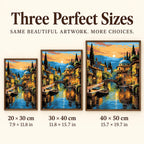 Size guide for Golden Hour by the Canal: 20 × 30 cm, 30 × 40 cm, and 40 × 50 cm.