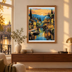 Home decor scene showing Golden Hour by the Canal artwork displayed on a wall.