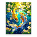 Golden Koi in a Lotus Pond paint by numbers artwork on a front-facing canvas against a white background