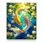 Golden Koi in a Lotus Pond paint by numbers artwork on a front-facing canvas against a white background