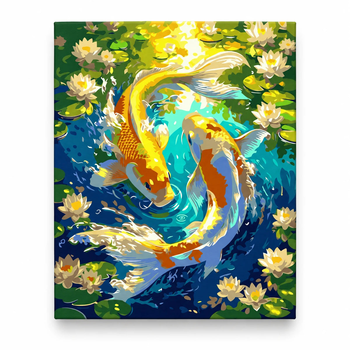 Golden Koi in a Lotus Pond paint by numbers artwork on a front-facing canvas against a white background