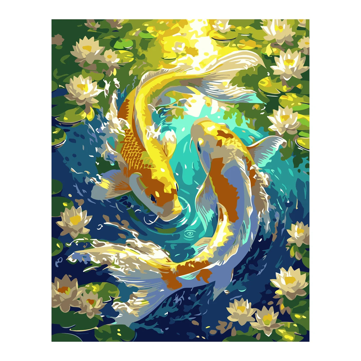 Golden Koi in a Lotus Pond completed artwork on a clean white background