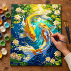 Complete Golden Koi in a Lotus Pond numbered canvas being painted with acrylic paints and brushes