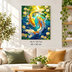 Golden Koi in a Lotus Pond shown in a styled room with 15.7 × 19.7 in and 40 × 50 cm dimensions