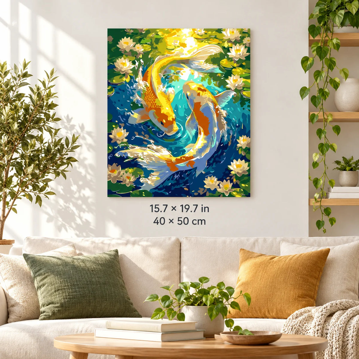 Golden Koi in a Lotus Pond shown in a styled room with 15.7 × 19.7 in and 40 × 50 cm dimensions