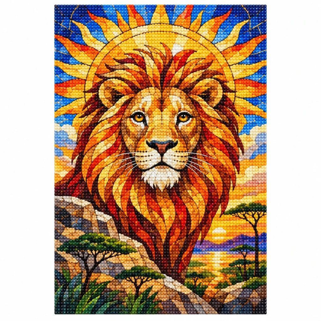 Golden Lion Sunrise Diamond Painting Kit — finished diamond painting on white background