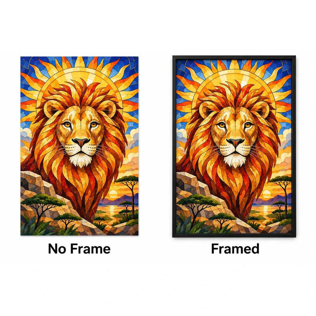Golden Lion Sunrise Diamond Painting Kit — No Frame and Framed style comparison
