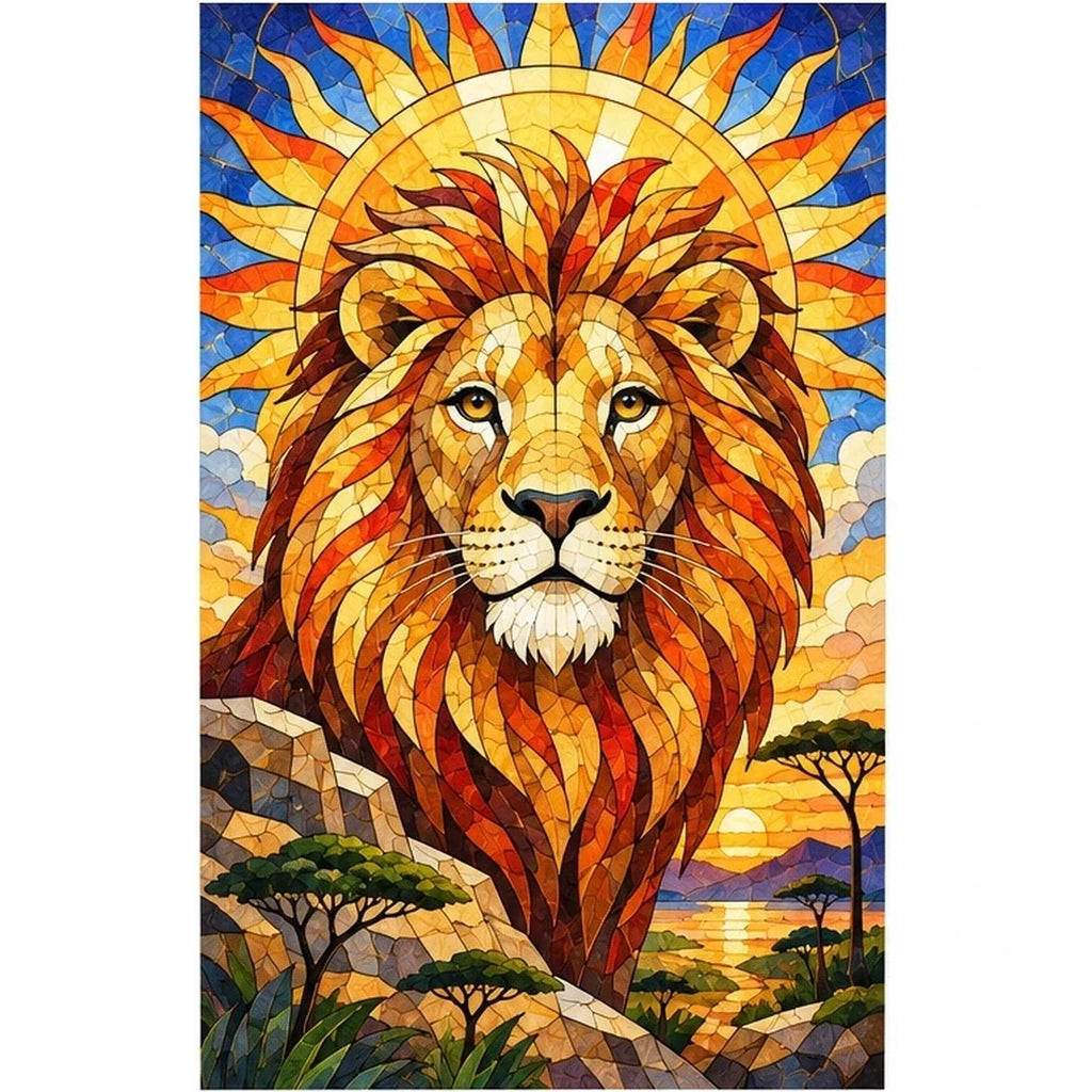 Golden Lion Sunrise Diamond Painting Kit — original white-background artwork