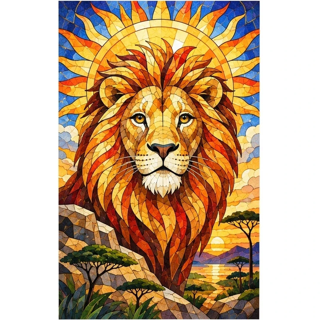 Golden Lion Sunrise Diamond Painting Kit — original white-background artwork