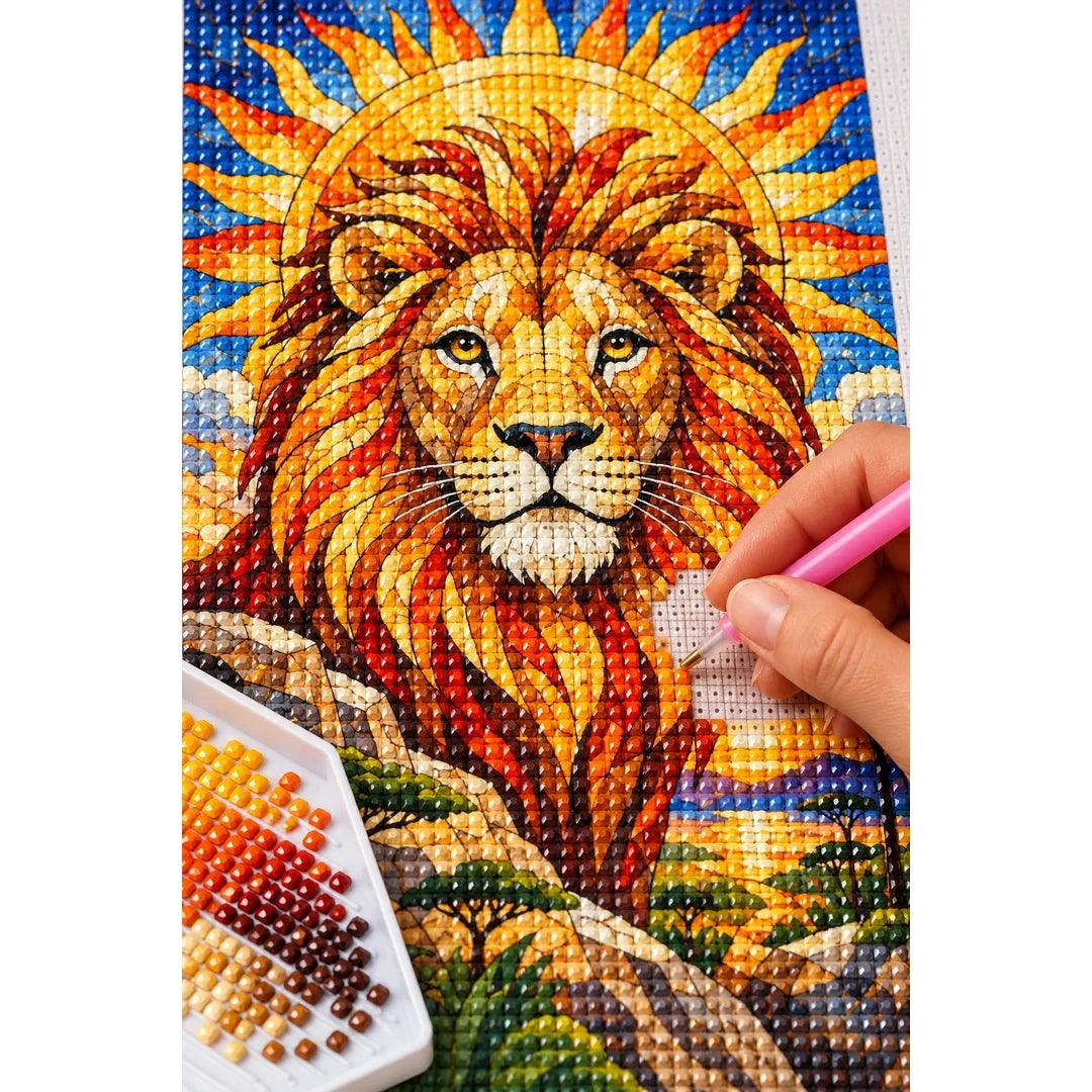 Golden Lion Sunrise Diamond Painting Kit — diamond painting application process