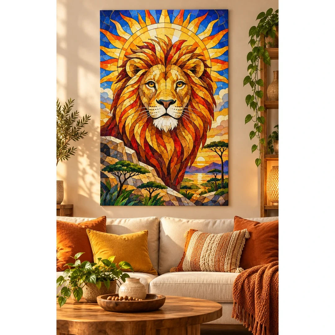 Golden Lion Sunrise Diamond Painting Kit — finished diamond painting in a home setting