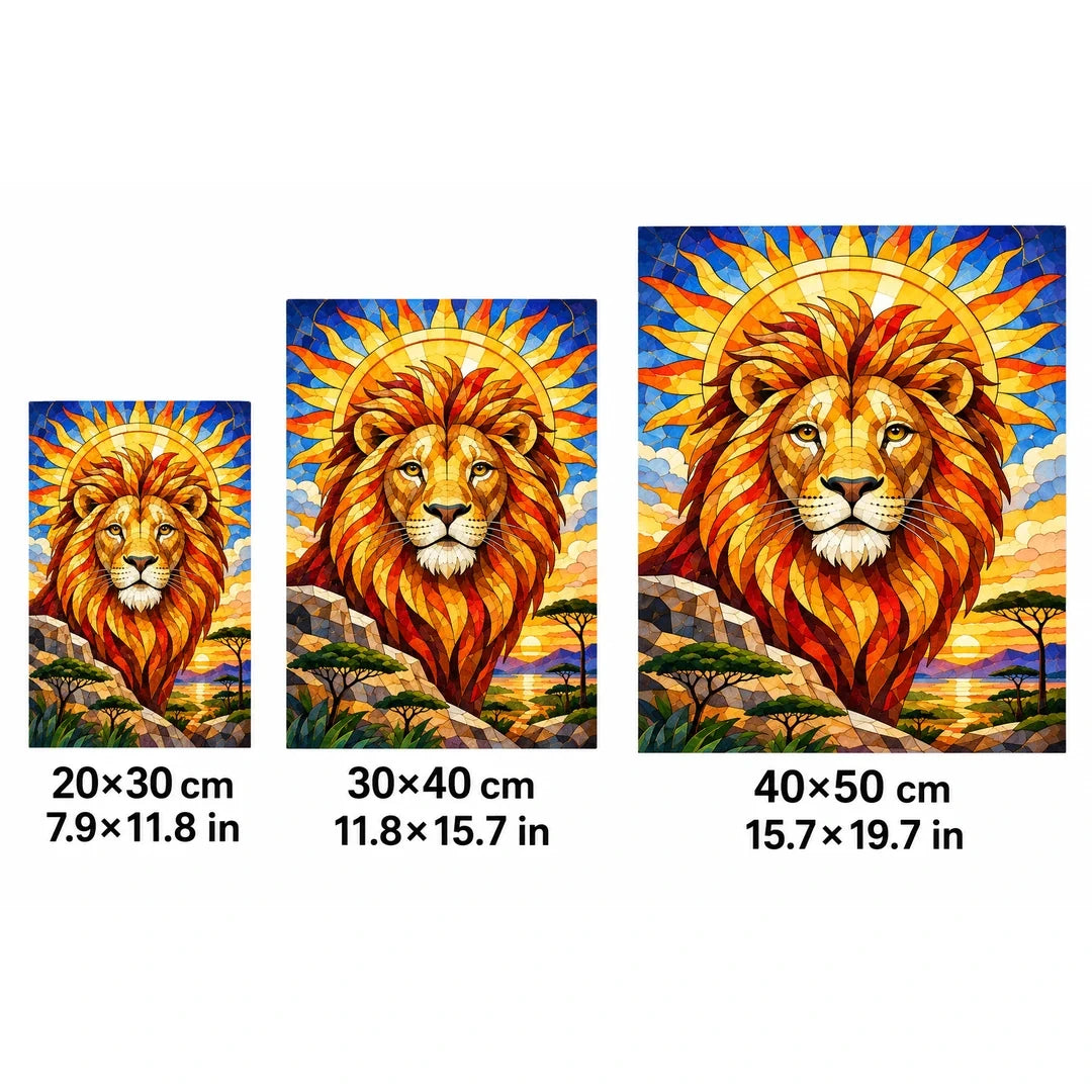 Golden Lion Sunrise Diamond Painting Kit — 20 by 30, 30 by 40, and 40 by 50 centimeter size guide