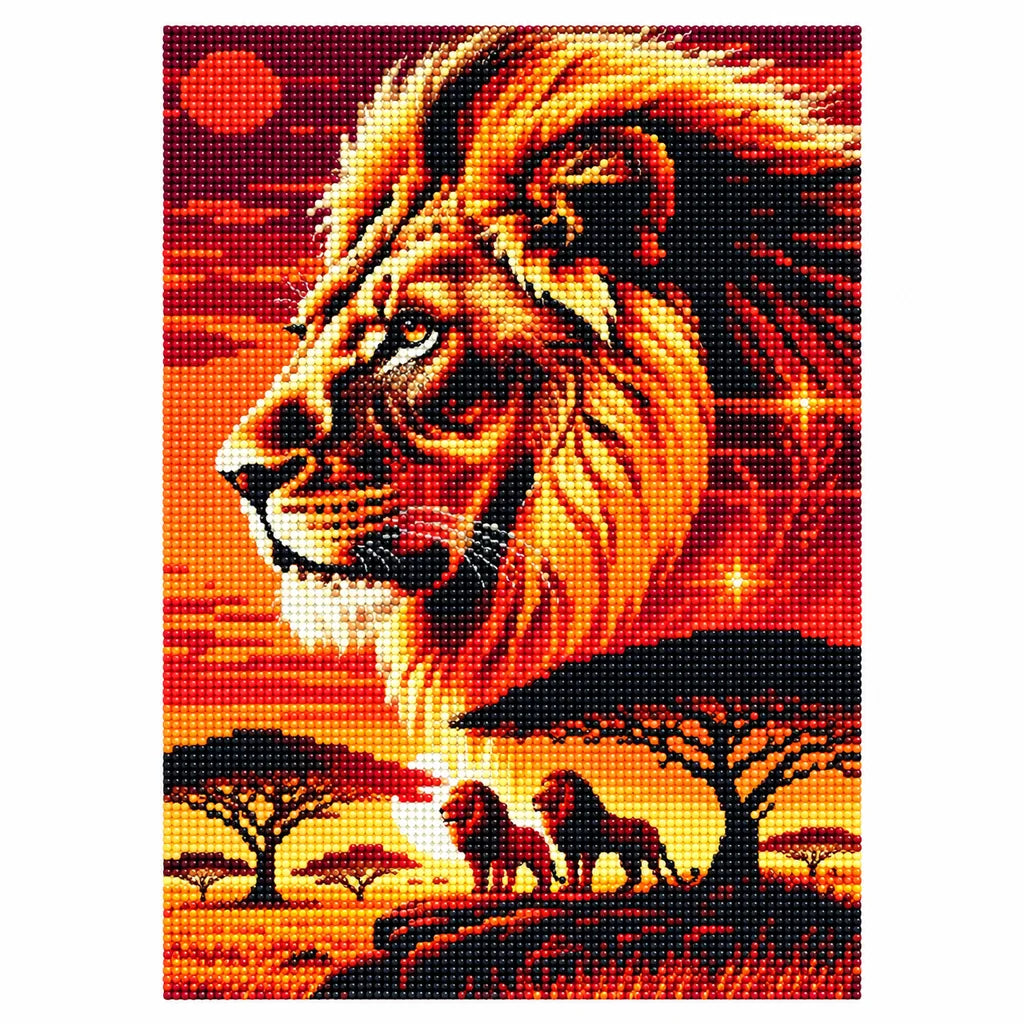 Finished golden lion sunset diamond painting covered with sparkling drills
