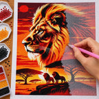 Hand placing drills on the golden lion sunset diamond painting canvas