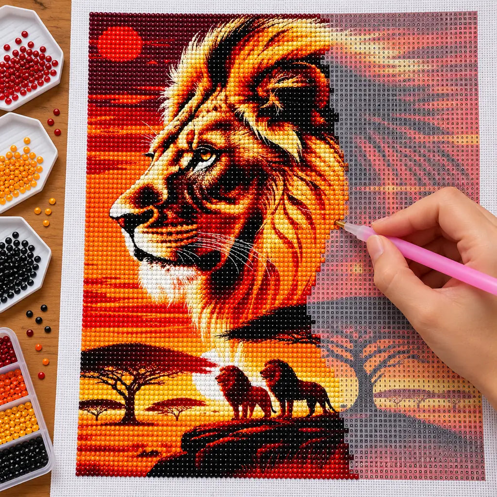 Hand placing drills on the golden lion sunset diamond painting canvas