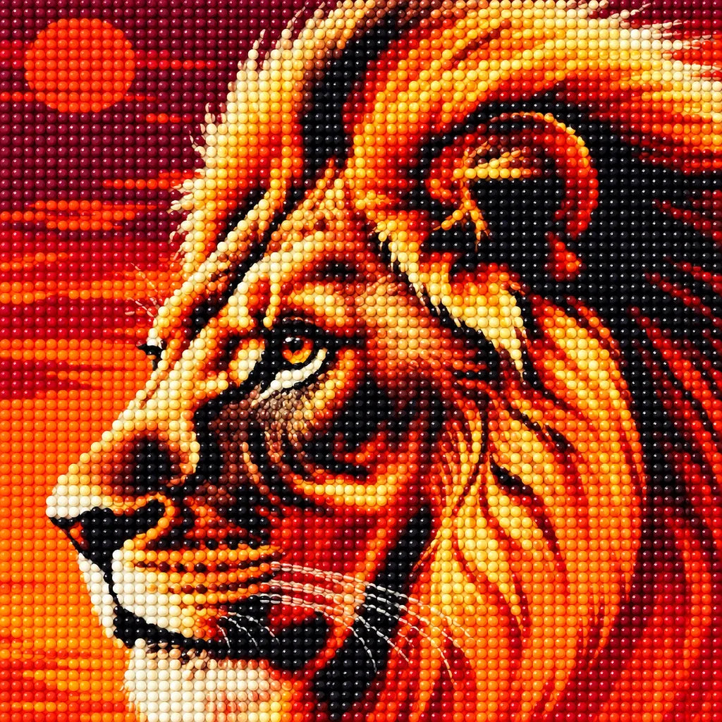 Close-up of sparkling drills on the golden lion at sunset artwork