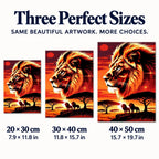Three size options for the golden lion sunset diamond painting: 20 × 30, 30 × 40, and 40 × 50 cm