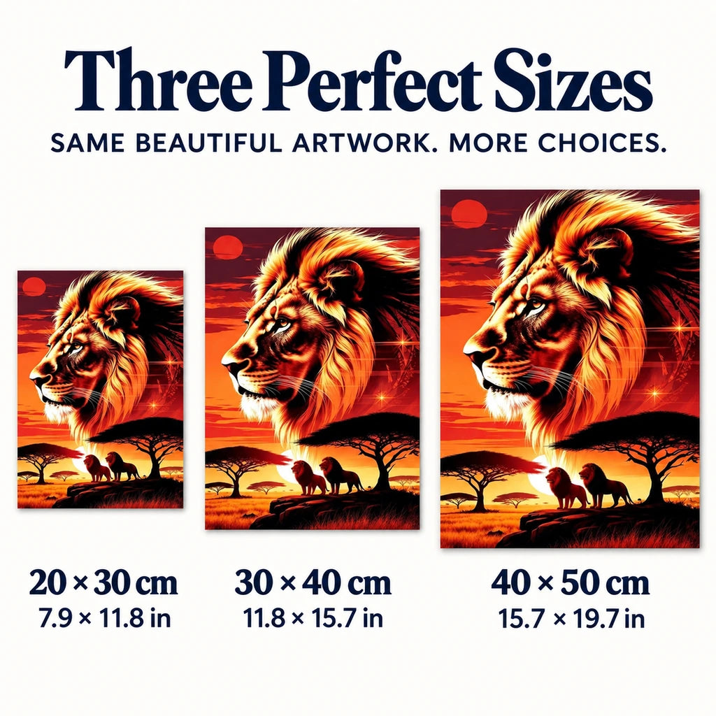 Three size options for the golden lion sunset diamond painting: 20 × 30, 30 × 40, and 40 × 50 cm