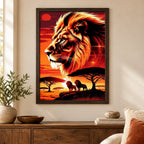 Golden lion sunset diamond painting displayed as framed wall decor